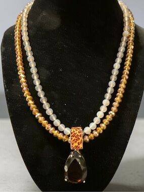 Sigal Double Strand Beaded Statement Necklace Leopard Enamel Smoky Crystal Pend
